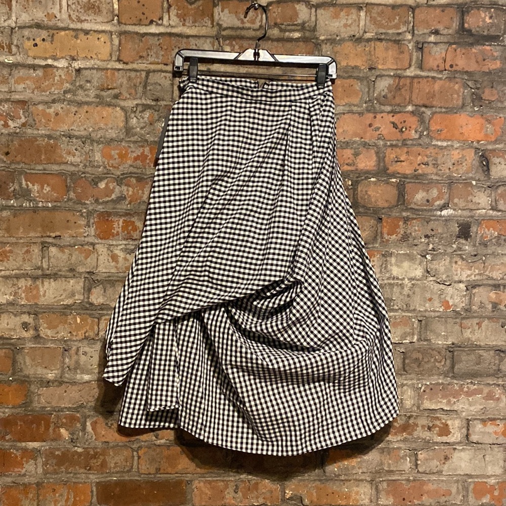 Batsheva Vivienne Skirt. Black and White Midi A-Line Skirt Asymmetrical Pleated